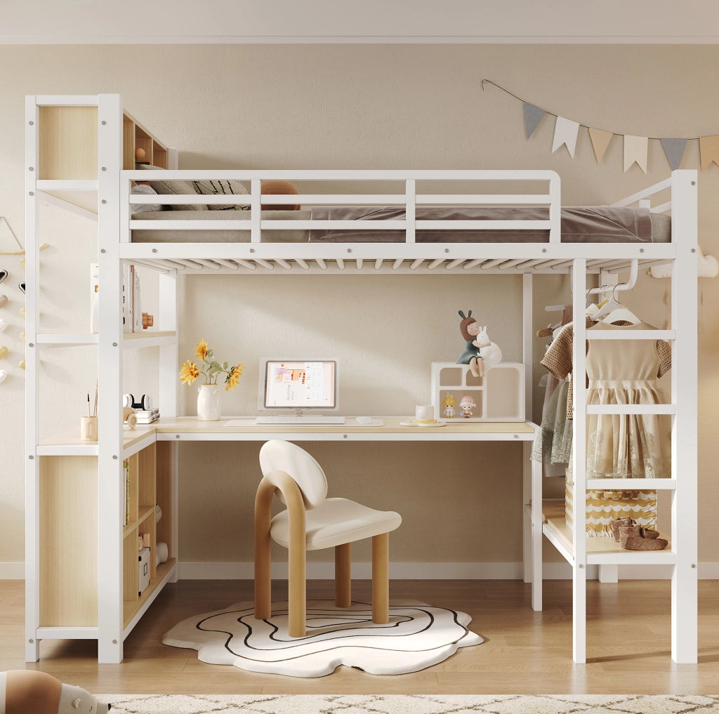 LETTO A SOPPALCO 90x200 cm con Scrivania e Ripiani Bianco