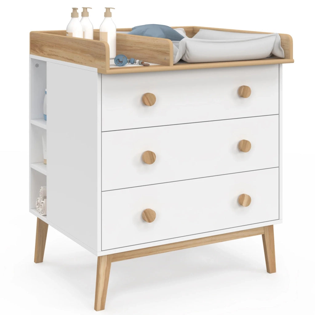 IDMarket - Comò fasciatoio JACOB bianco e legno con 3 cassetti, fasciatoio rimovibile e 2 ripiani