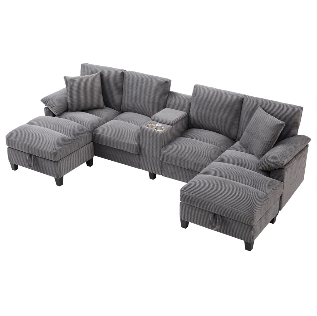 Divano a U 293x142x93 cm in velluto a coste grigio con contenitore e USB