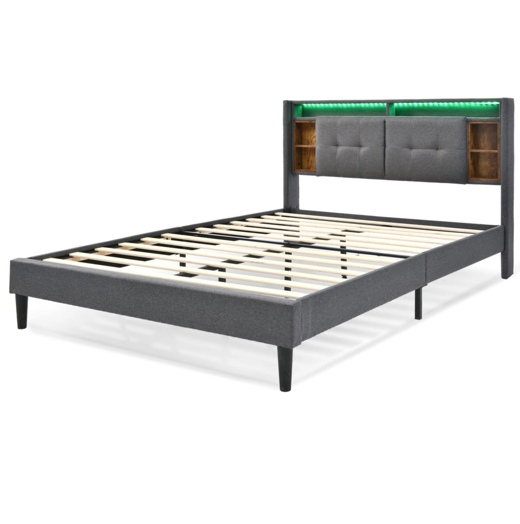 Letto imbottito con testiera contenitore; USB e LED; 160x200 cm; grigio