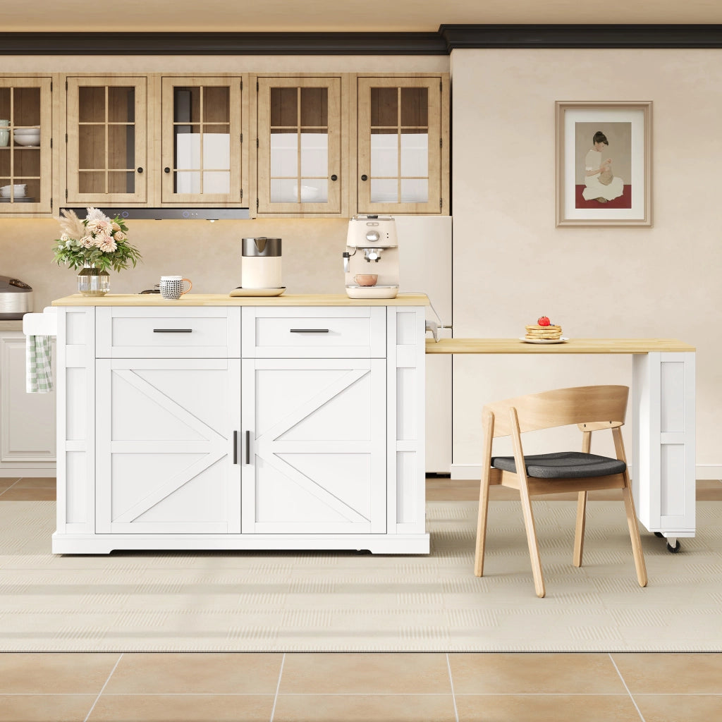 Carrello da cucina con piano estraibile, prese e USB, 2 cassetti, doppia anta e ripiano regolabile, bianco e rovere