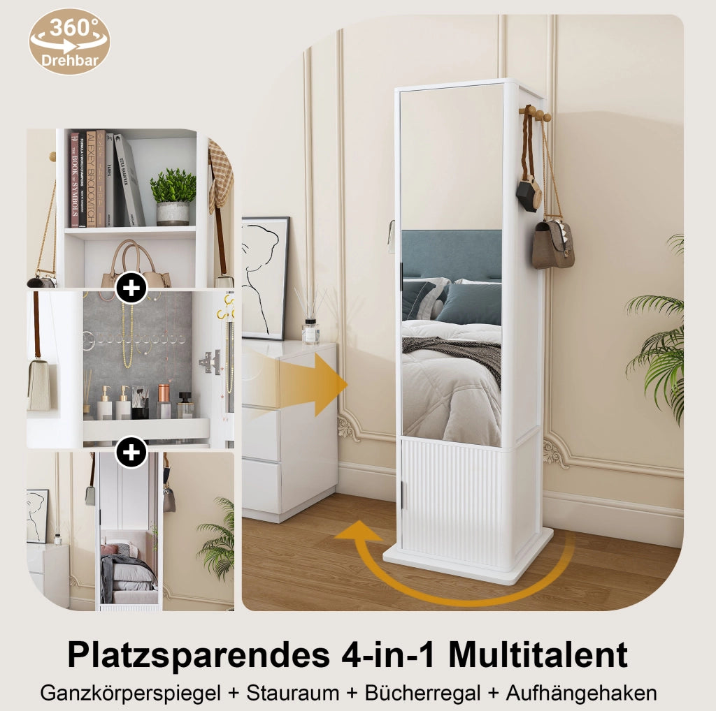 Armadio portagioie girevole 360° con specchio 170 cm; 4 ripiani e 6 ganci in MDF bianco