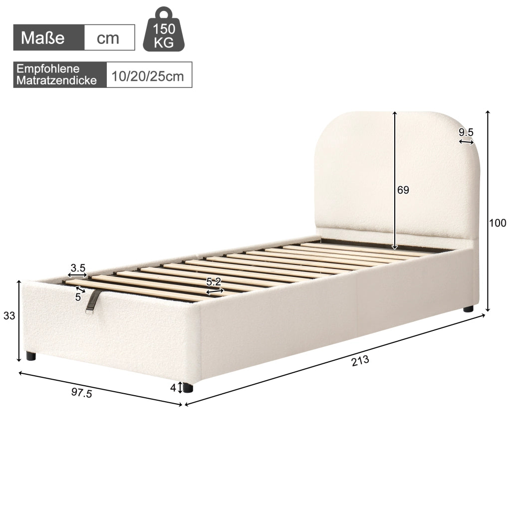 Letto singolo con contenitore 90 × 200 cm idraulico con rete a doghe testiera imbottita in bouclé beige