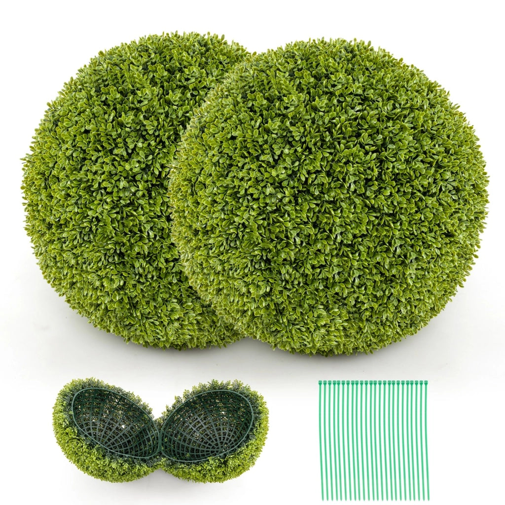 Set di 2 sfere topiarie in bosso artificiale da 39cm, Sfere topiarie protettive dal sole per giardino e ingresso-Piante artificiali