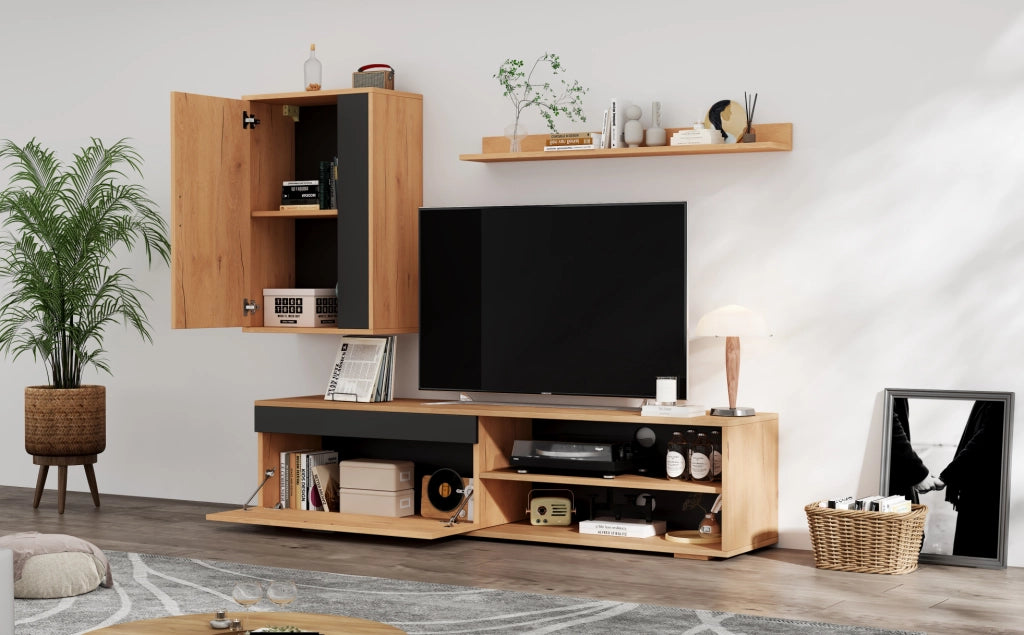Set mobili soggiorno TV 140x35x39 cm con mobile TV, armadietto da parete e mensola, design moderno in truciolato legno e nero