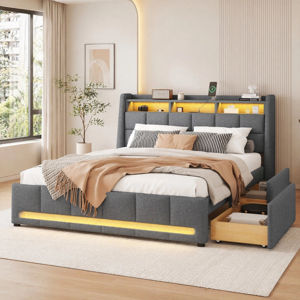 Letto imbottito 140x200 cm con LED, USB, vani e 2 cassetti grigio