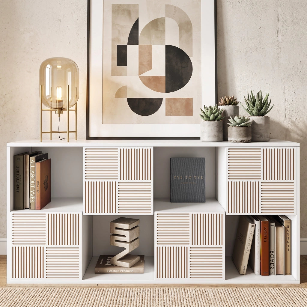 Mobile soggiorno 125x30x60 cm con 4 vani e 4 ante libreria scaffale contenitore multiuso effetto rattan in legno - bianco