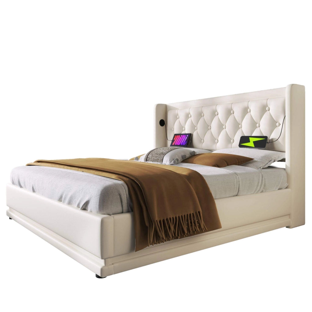 Letto matrimoniale 140x200 cm con contenitore idraulico; LED e USB-C; rivestimento in PU bianco