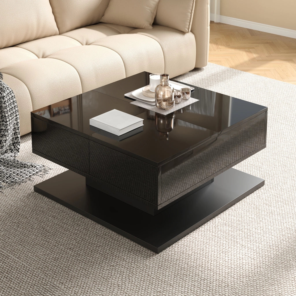 Tavolino basso alzabile con piano a ribalta due cassetti LED con controllo tramite app nero 72 × 72 × 35 cm