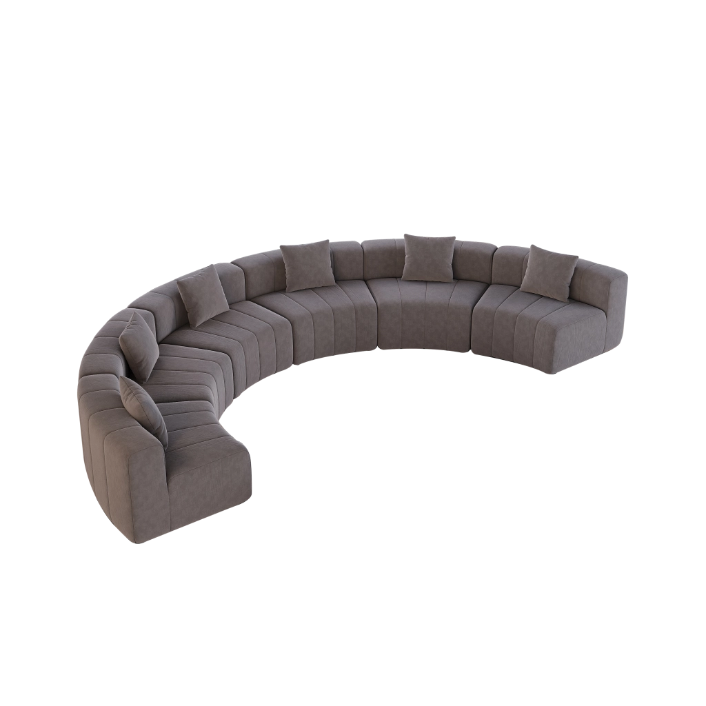 Modulo divano curvo in ciniglia grigio con 2 cuscini; design modulare