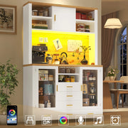 Mobile laterale multifunzione stile country, 120x40x188 cm, bianco con effetto legno, 4 ante, 6 cassetti, 3 ante, striscia LED