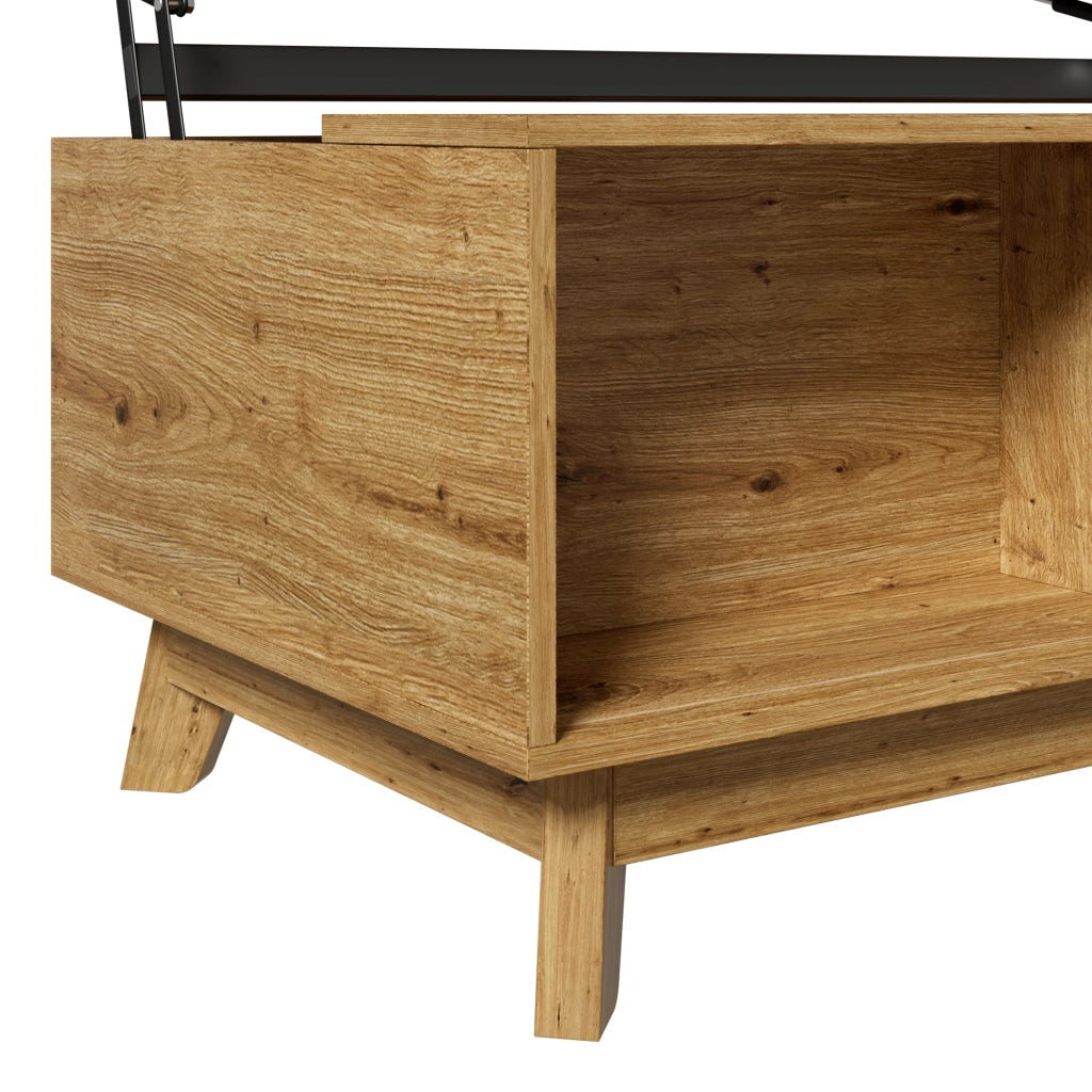 Tavolino basso alzabile con piano estensibile e anta scorrevole a lamelle in MDF naturale 90 × 55 × 57.5 cm