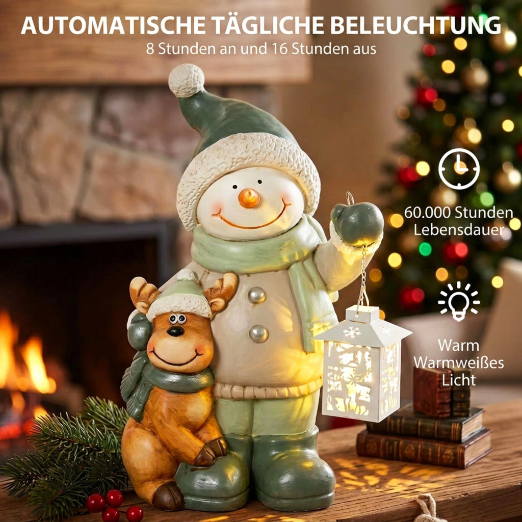 Statua Pupazzo di Neve 43 cm in MGO con Lanterna LED 2800K e Timer per Ingresso e Veranda