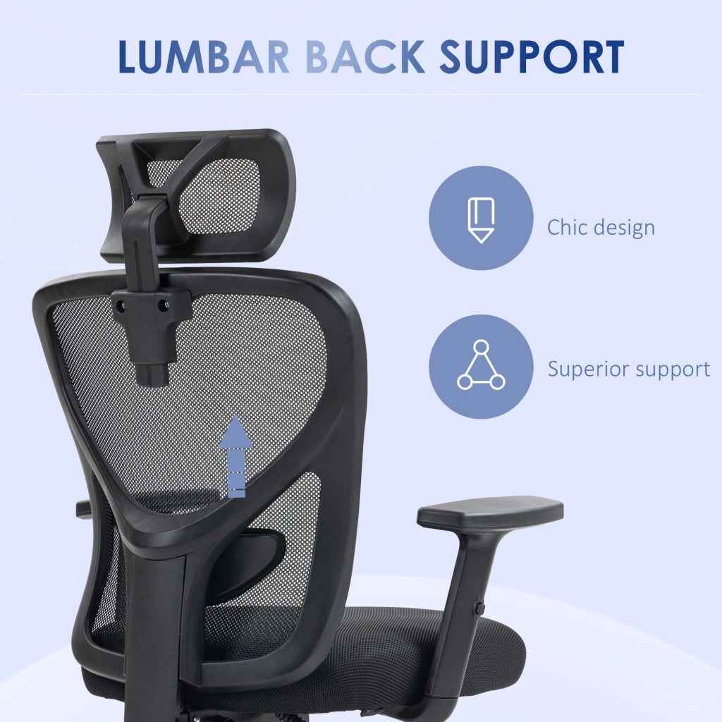 Sedia da Ufficio Ergonomica con Altezza Regolabile Supporto Lombare e Poggiatesta 66x61x106-116 cm  Nero