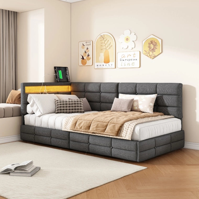 Divano letto multifunzionale 90x200 cm; letto imbottito a L con LED e USB; Letto Singolo con Rete a doghe e Testiera con Contenitore; Lino Grigio