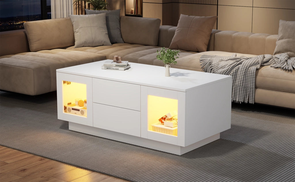 Tavolino da Salotto Bianco Lucido 100x50x40 cm con Luci LED RGB e 2 Cassetti