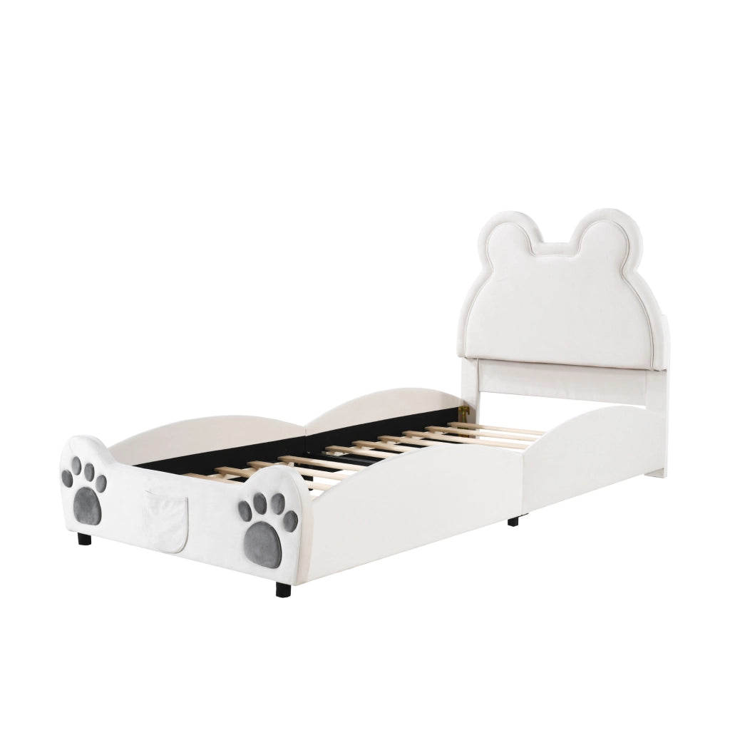 Letto per bambini a forma di orso 90 x 200 cm; imbottito in velluto bianco