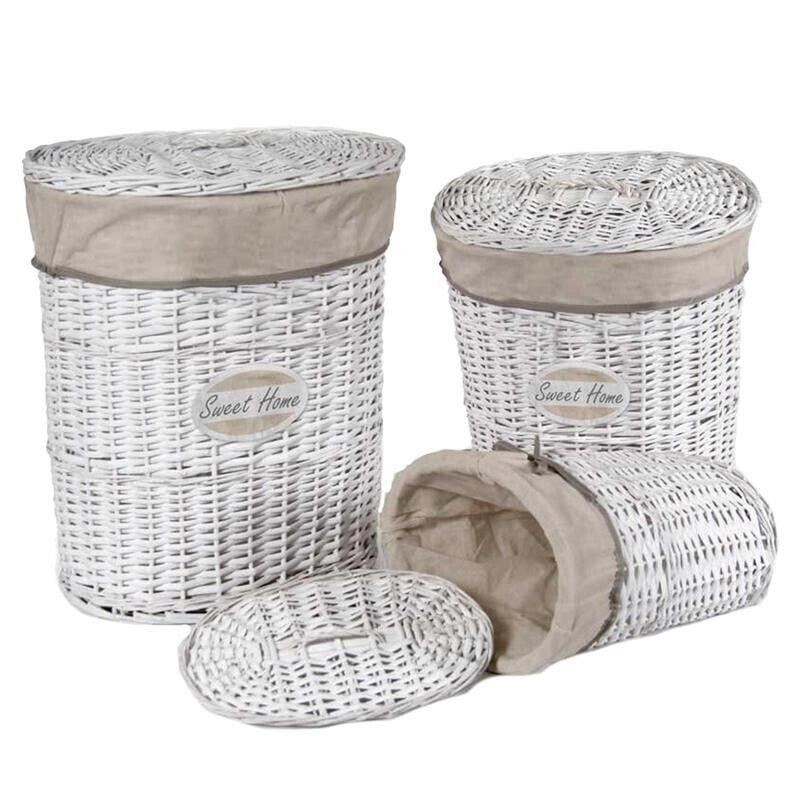 SET 3 CESTE OVALI SWEET HOME PORTA BIANCHERIA IN LEGNO BIANCO