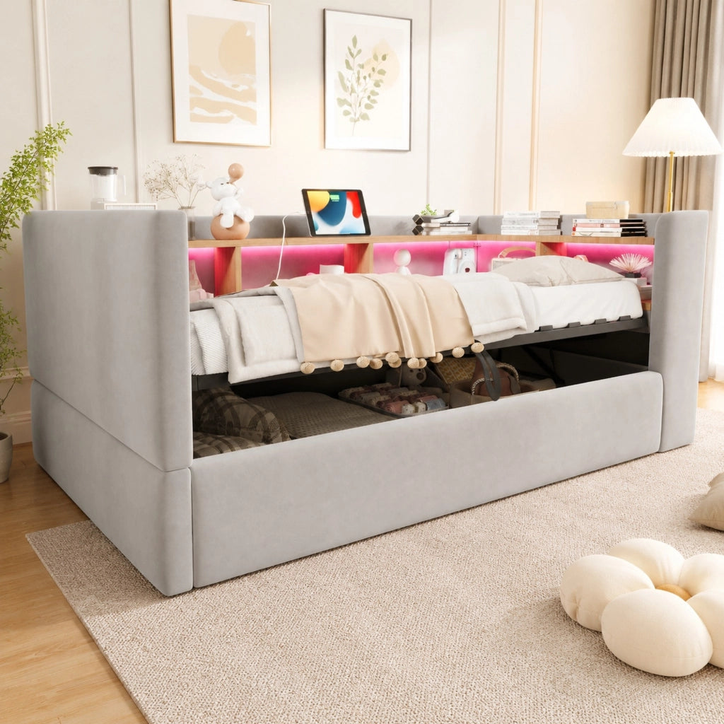 Divano letto imbottito 90x190 cm con LED, prese e contenitore
