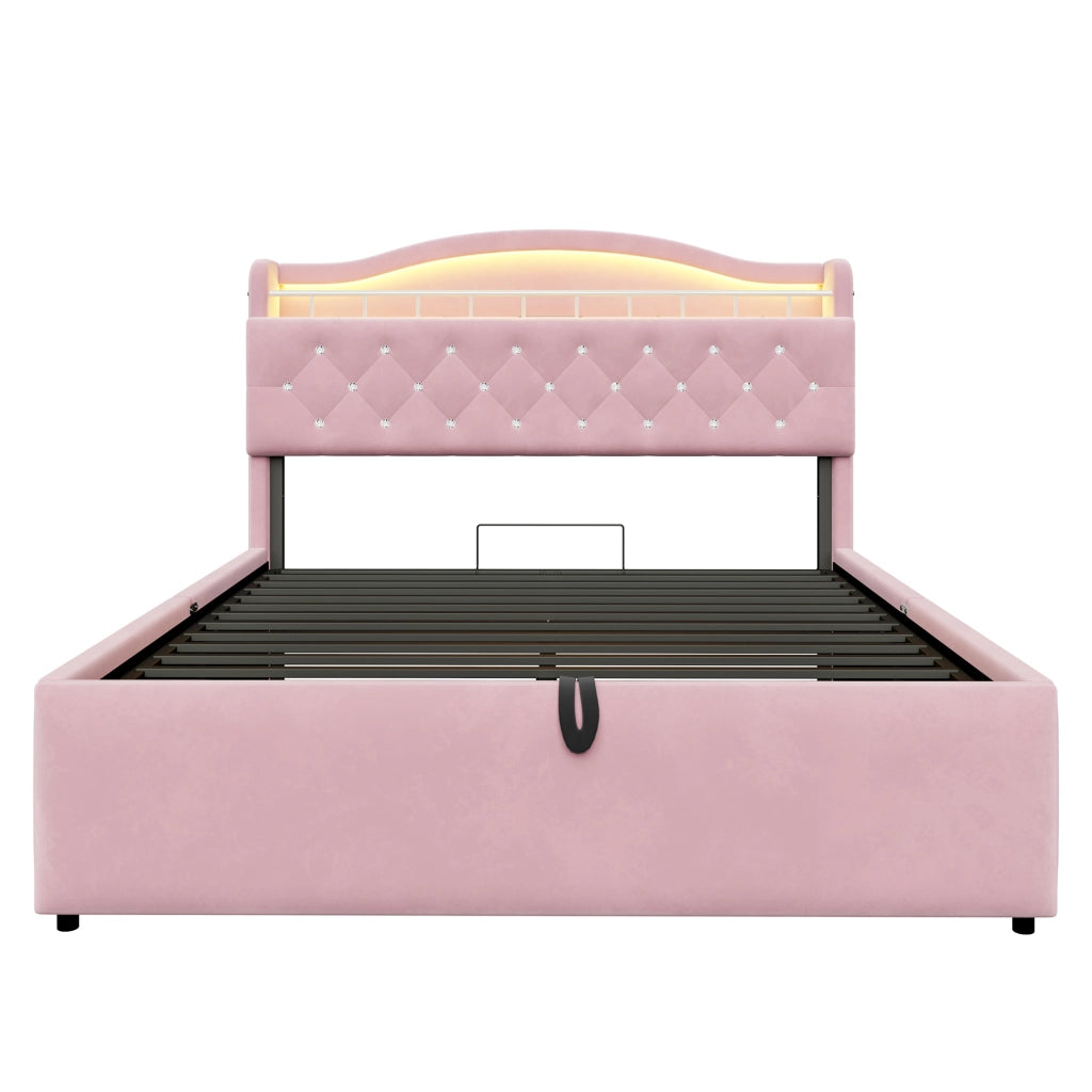 Letto Matrimoniale Contenitore 140x200 cm in Velluto Rosa con Testiera LED; Prese USB/USB-C e Rete a Doghe in Metallo