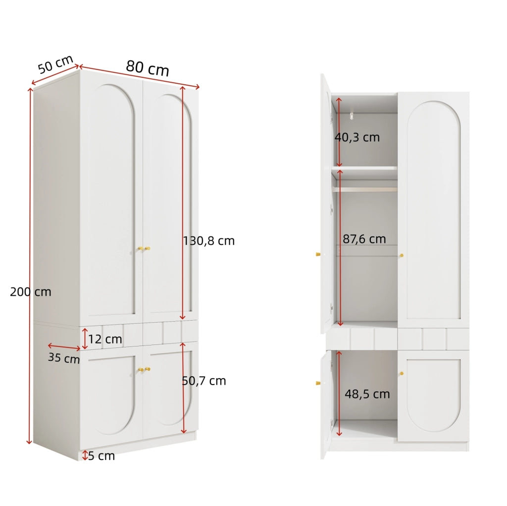 Armadio bianco da 80x50x200 cm con 2 ante, appendiabiti e cassetti a pressione, set da 2 pezzi