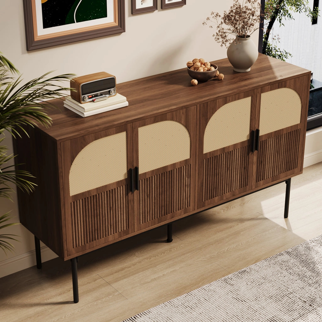 Credenza a 4 ante in MDF con effetto noce e rattan naturale per soggiorno ingresso 140 × 40 × 80 cm