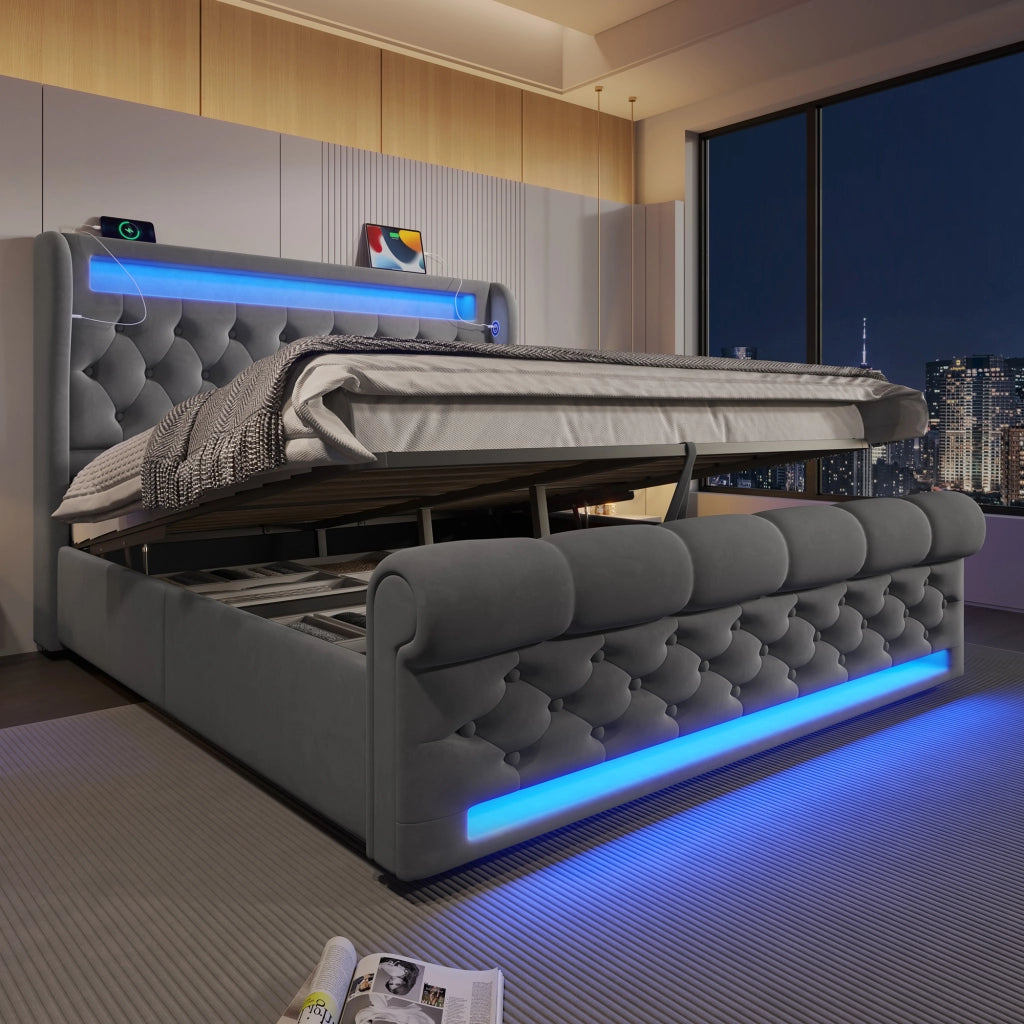 Letto con contenitore 160 × 200 cm idraulico con LED; USB e Type-C; testiera contenitore in velluto grigio