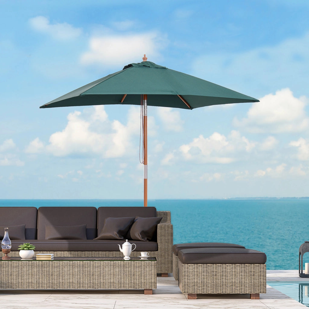 Ombrellone da Giardino 2x1.5 m Inclinabile con Palo in Legno 6 Stecche e Apertura a Corda, Verde