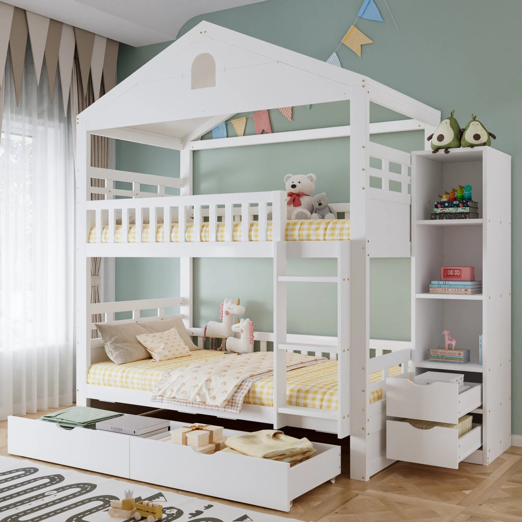 Letto a castello per bambini 90 × 200 cm a casetta bianco con scala due cassetti armadio laterale e protezioni