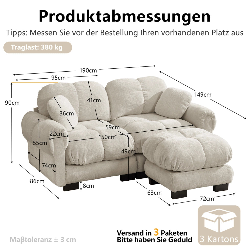 Divano angolare modulare 2 posti in chenille color khaki chiaro con pouf mobile e cuscini imbottiti