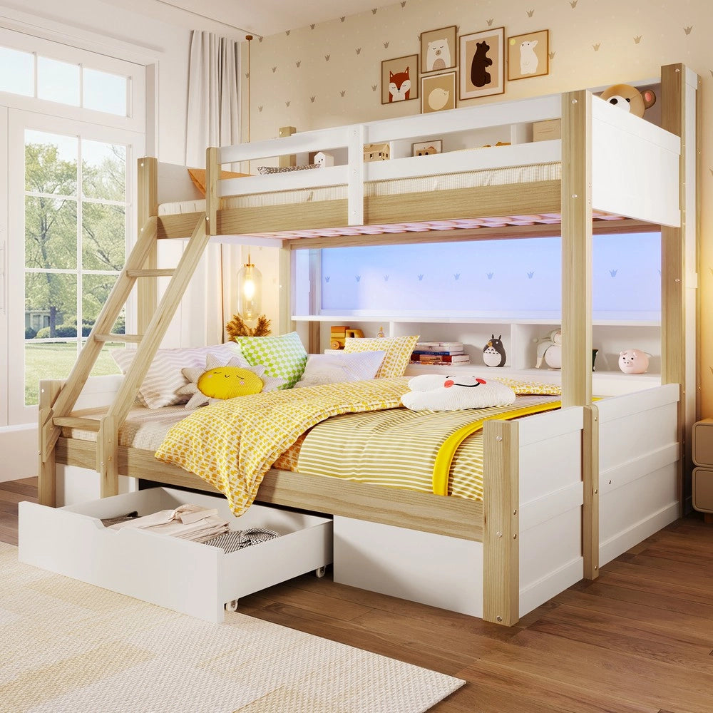 Letto a Castello 90x200 + 140x200 con LED e Cassetto ¨C Xylo ¨C Bianco e Naturale