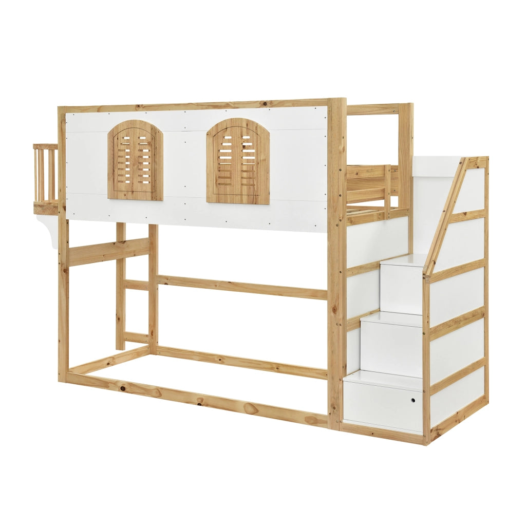 Letto a soppalco per bambini 90×200 cm con scala contenitore e area gioco, senza materasso, in legno bianco e naturale