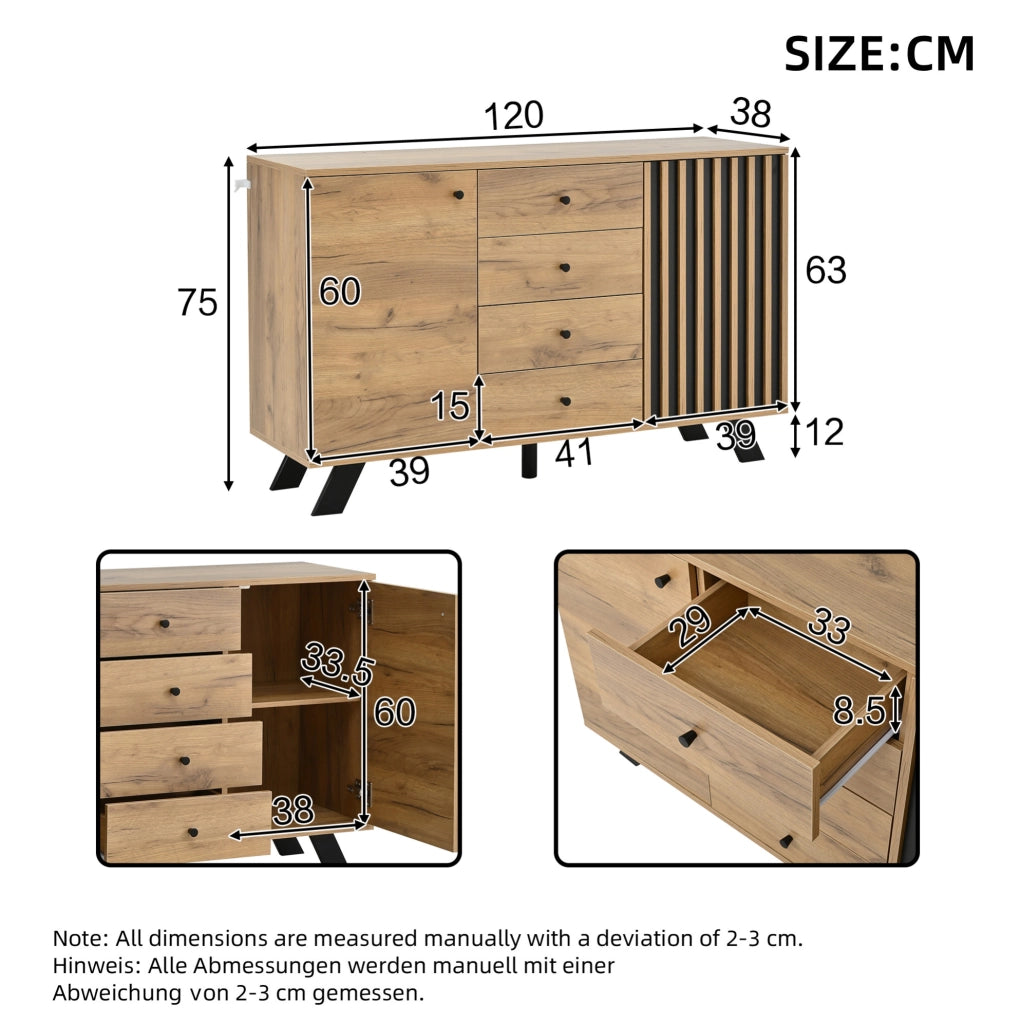 Madia 120 x 38 x 75 cm con 4 cassetti e 2 scomparti; MDF e legno massello; nero e naturale HOMVRA