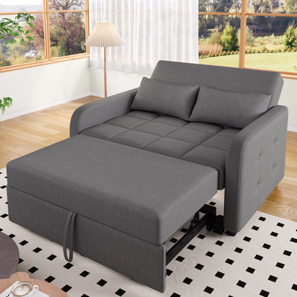 Divano letto 3 posti - con schienale regolabile e cuscini - in lino e cotone - grigio antico