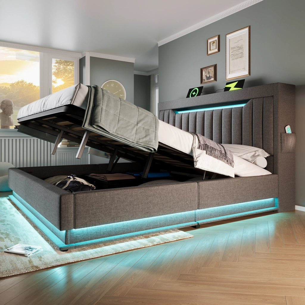 Letto contenitore 140 × 200 cm con testiera portaoggetti USB Type-C LED rivestito in lino grigio con materasso