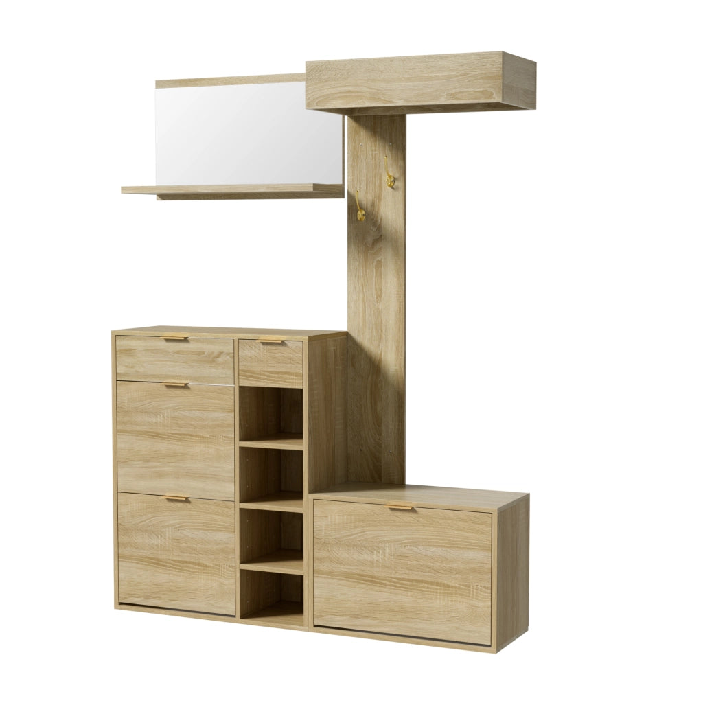 Scarpiera - Con panca e specchio da parete - Ganci appendiabiti - Con ripiani - 130 x 30 x 174 cm - Colore legno naturale