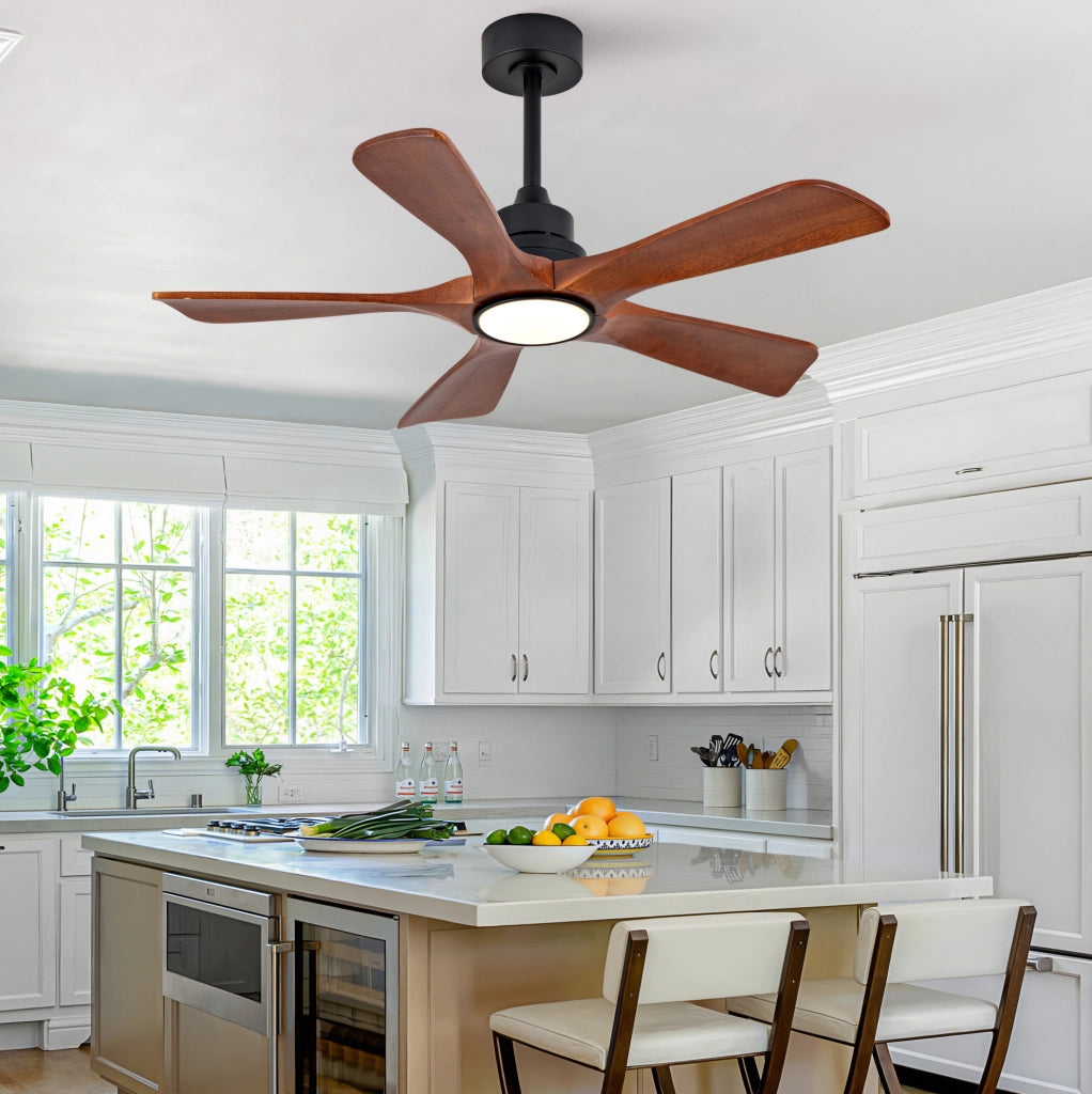 Ventilatore a soffitto 42 pollici con 5 pale in legno di Paulownia, luce LED dimmerabile e telecomando, 6 velocità, funzione inversione, adatto per soggiorno e patio