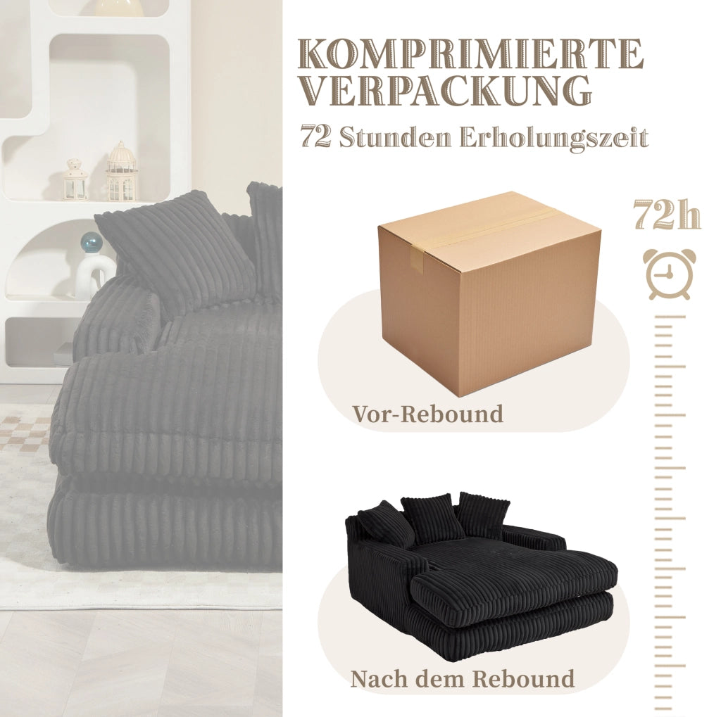 Chaise longue in corduroy 125x155x63 cm con 3 cuscini; nero