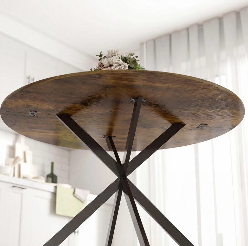Tavolo rotondo da pranzo 120 cm in legno e acciaio, stile industriale marrone, 4 posti
