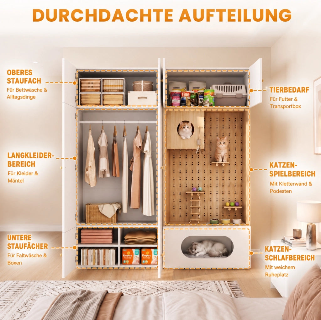 Armadio multifunzione 2-in-1 con parete arrampicata per gatti, 180x50x200 cm, bianco e effetto legno
