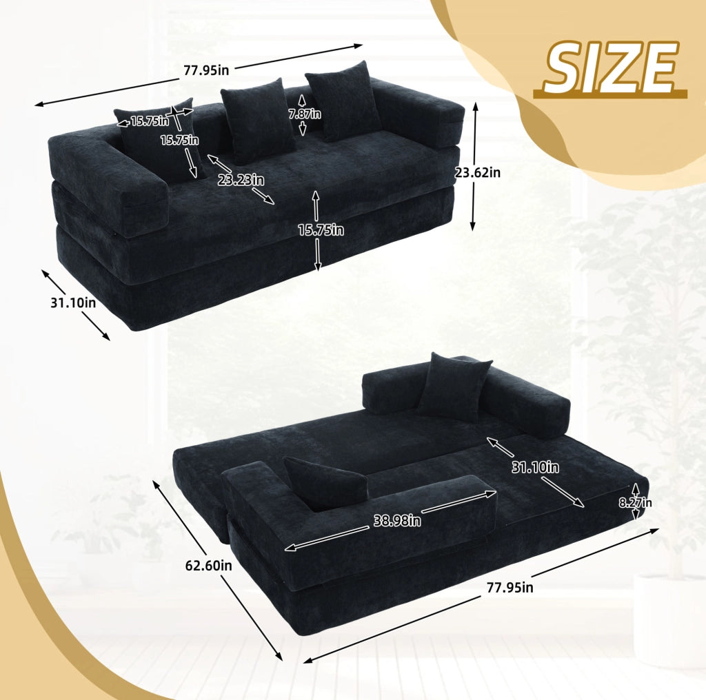 Divano modulare componibile in chenille nero 198x79x60 cm