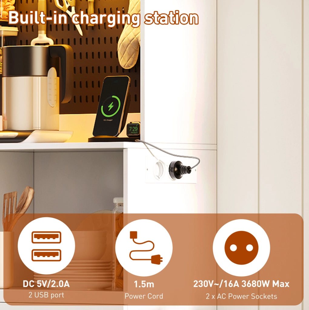 Mobile da cucina con 5 cassetti; LED RGB e prese integrate; MDF bianco