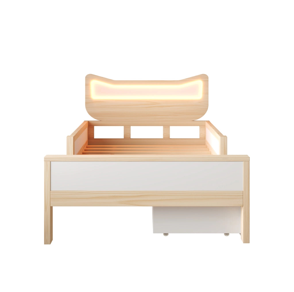 Letto per bambini 90x190 cm con testiera a orecchie di gatto, illuminazione LED RGB, doghe e cassetto flessibile montabile a sinistra o destra, bianco e rovere, senza materasso