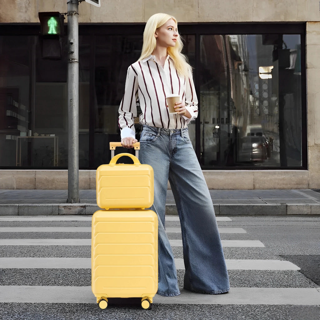 Set di valigie rigide 2 pezzi in ABS giallo con trolley da 19 pollici e beauty case rimovibile da 14 pollici