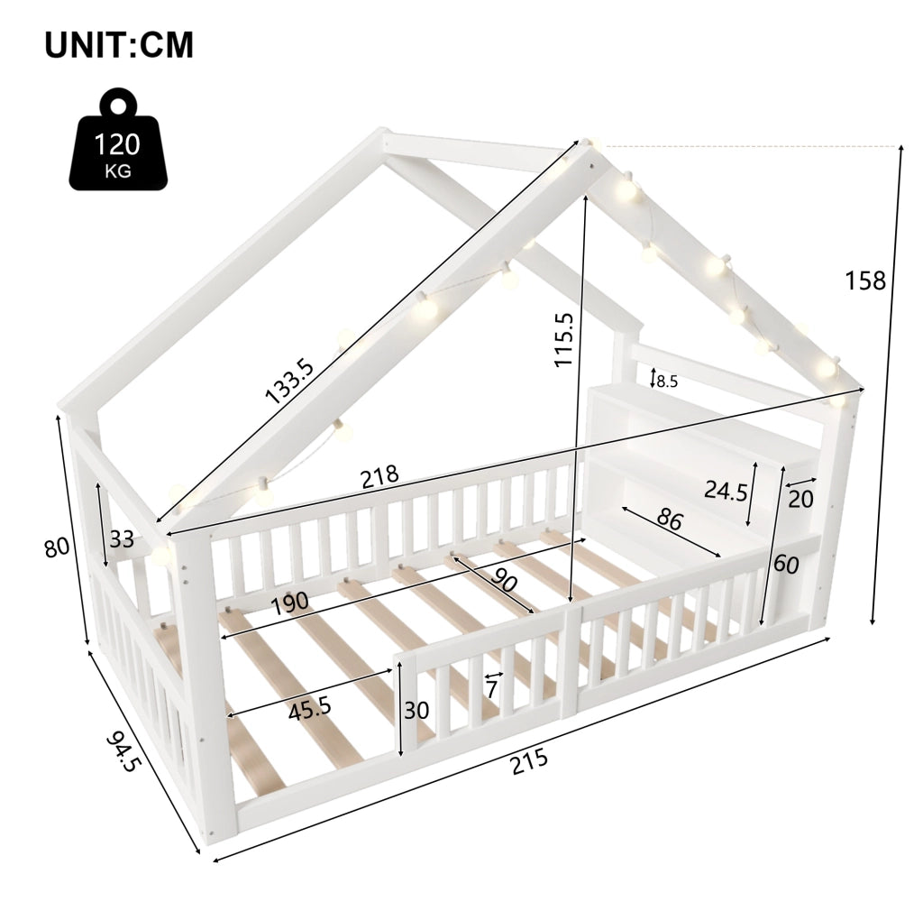 LETTO per bambini a casetta con sponde 90x190 cm in legno bianco