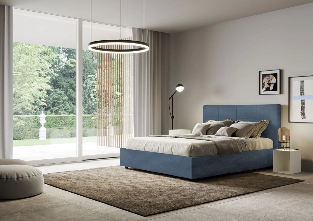 Letto Matrimoniale 160x200 cm con Rete e Contenitore Giroletto con Alzata Comoda Imbottito in Microfibra Mika Blu