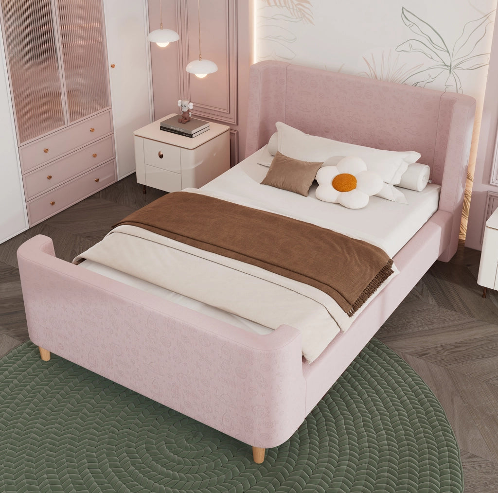 Letto Singolo per Bambini 90x200 cm in Velluto Rosa con Struttura a Slitta e Motivo Cosmico