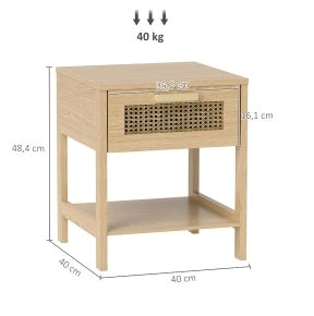 Comodino in rattan naturale con cassetto e ripiani aperti 40x40x48,4 cm
