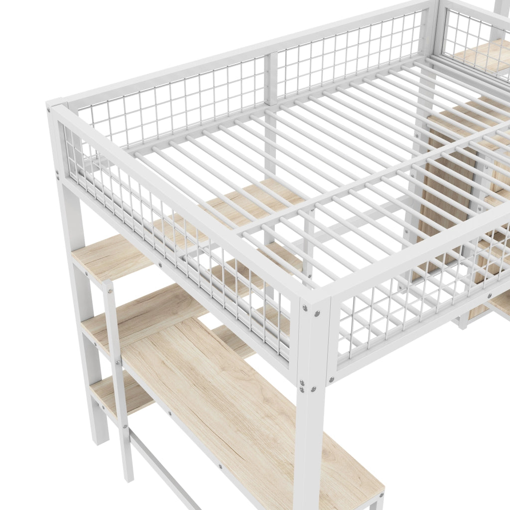 Letto a soppalco 140 × 200 cm con scrivania; ripiani e armadio integrato in metallo e MDF bianco