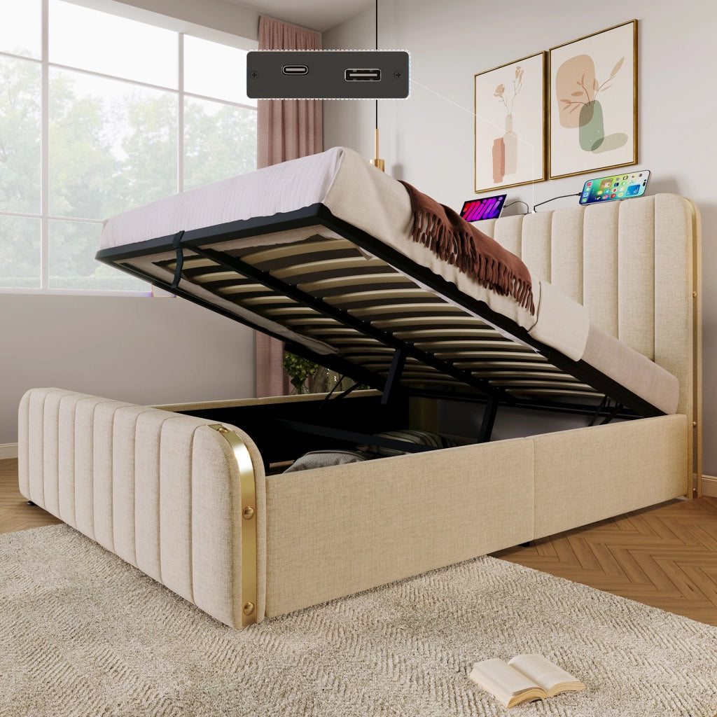 Letto contenitore 140 × 190 cm con testiera imbottita porte USB e Type-C struttura in metallo rivestita in lino beige